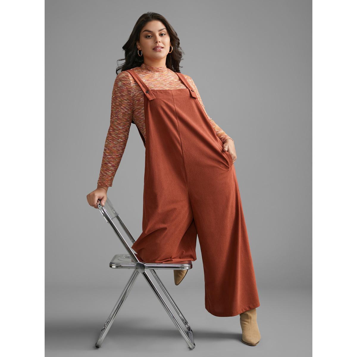 Plus Size Rust Solid Corduroy Wide Leg Overall Women Casual Sleeveless Non Everyday Loose Jumpsuits BloomChic 22-24/3X Product Image
