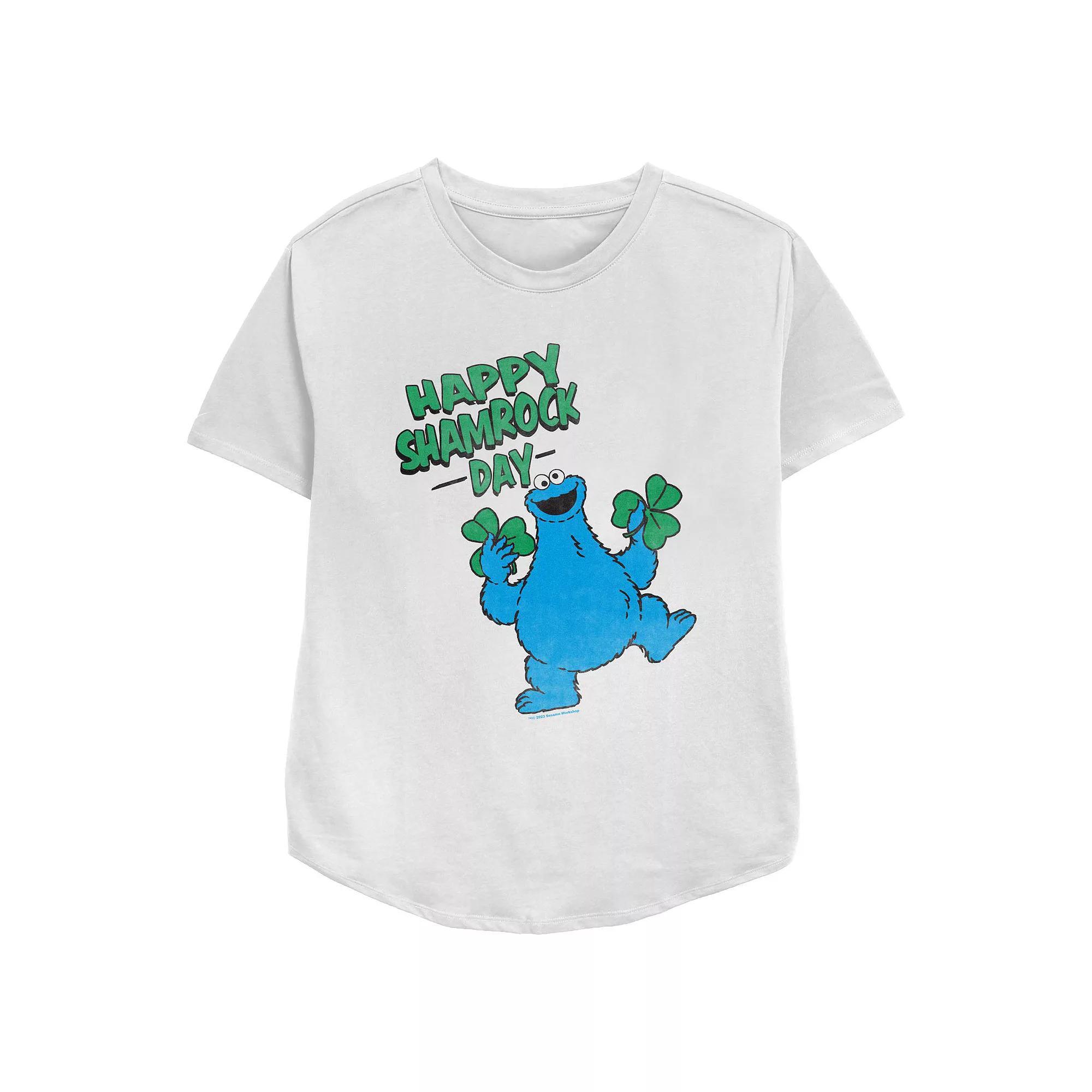Women's PBS Kids Sesame Street Cookie Monster Happy Shamrock Day Relaxed Fit Graphic Tee, Size: XL, White Product Image