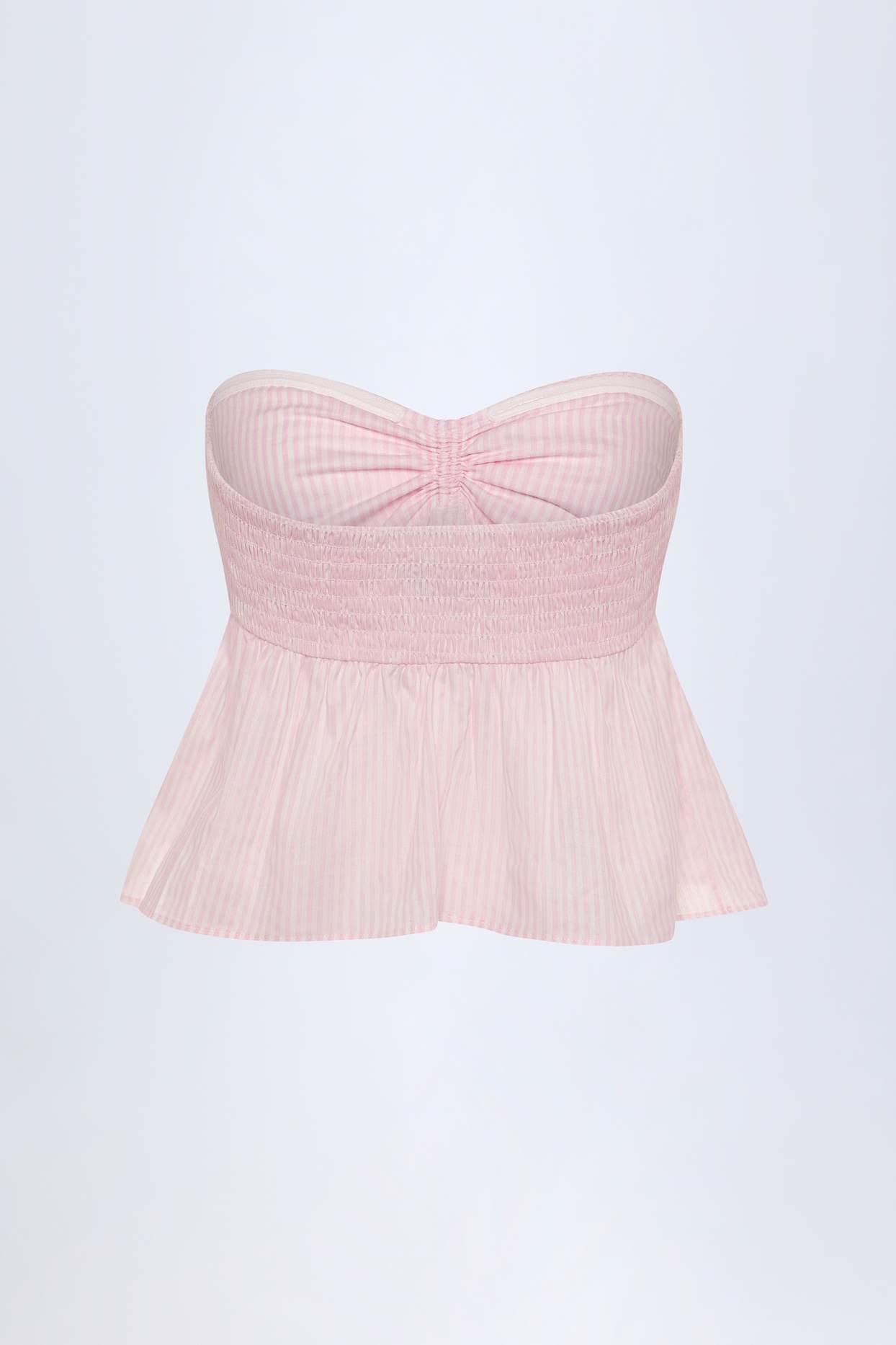 Tie-Front Strapless Cotton-Poplin Crop Top in Pink & White Stripe Product Image