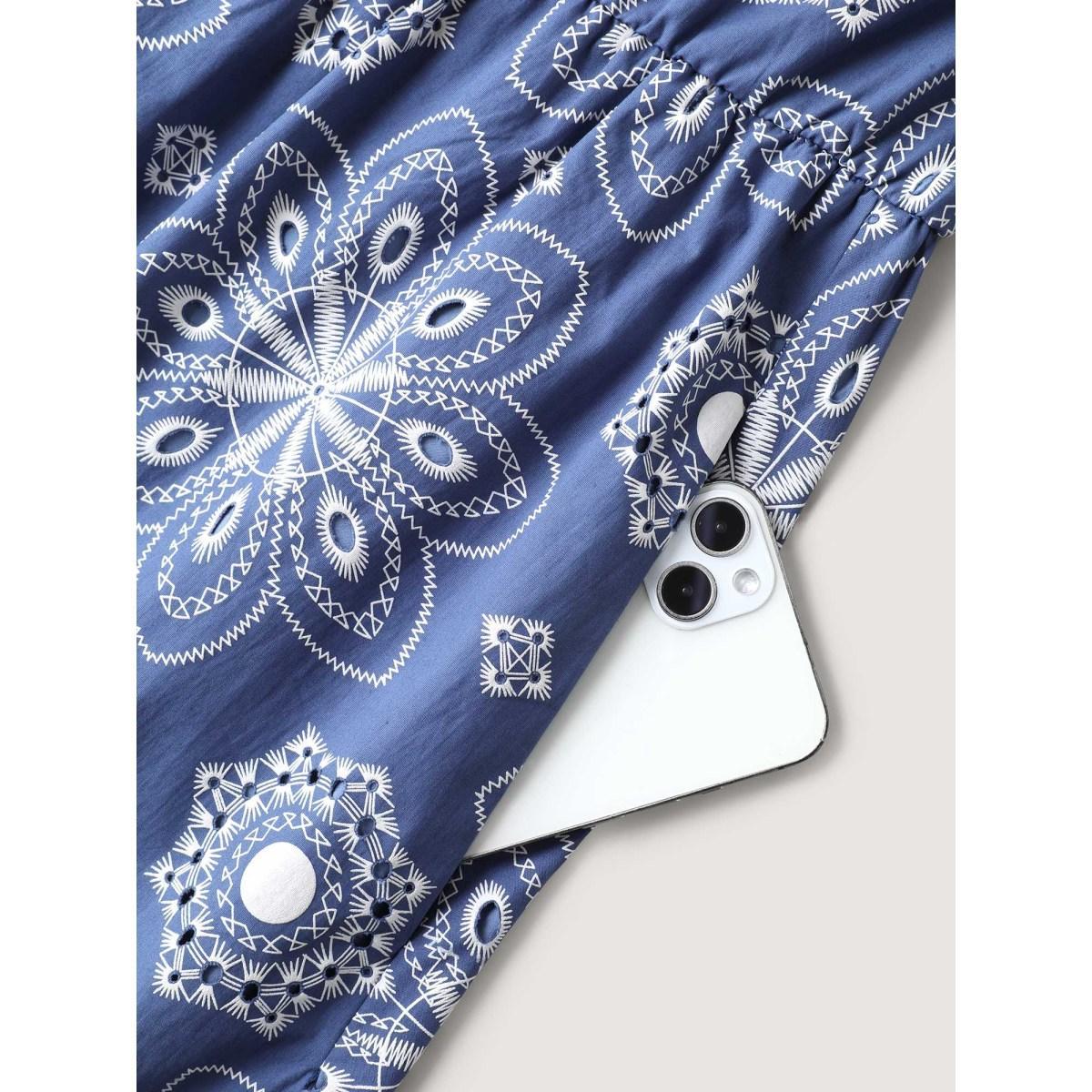 Plus Size Cotton Large Floral Print Textured Pockets Midi Dress Mediumblue Women V-neck Short sleeve Curvy BloomChic 14-16/1X Product Image