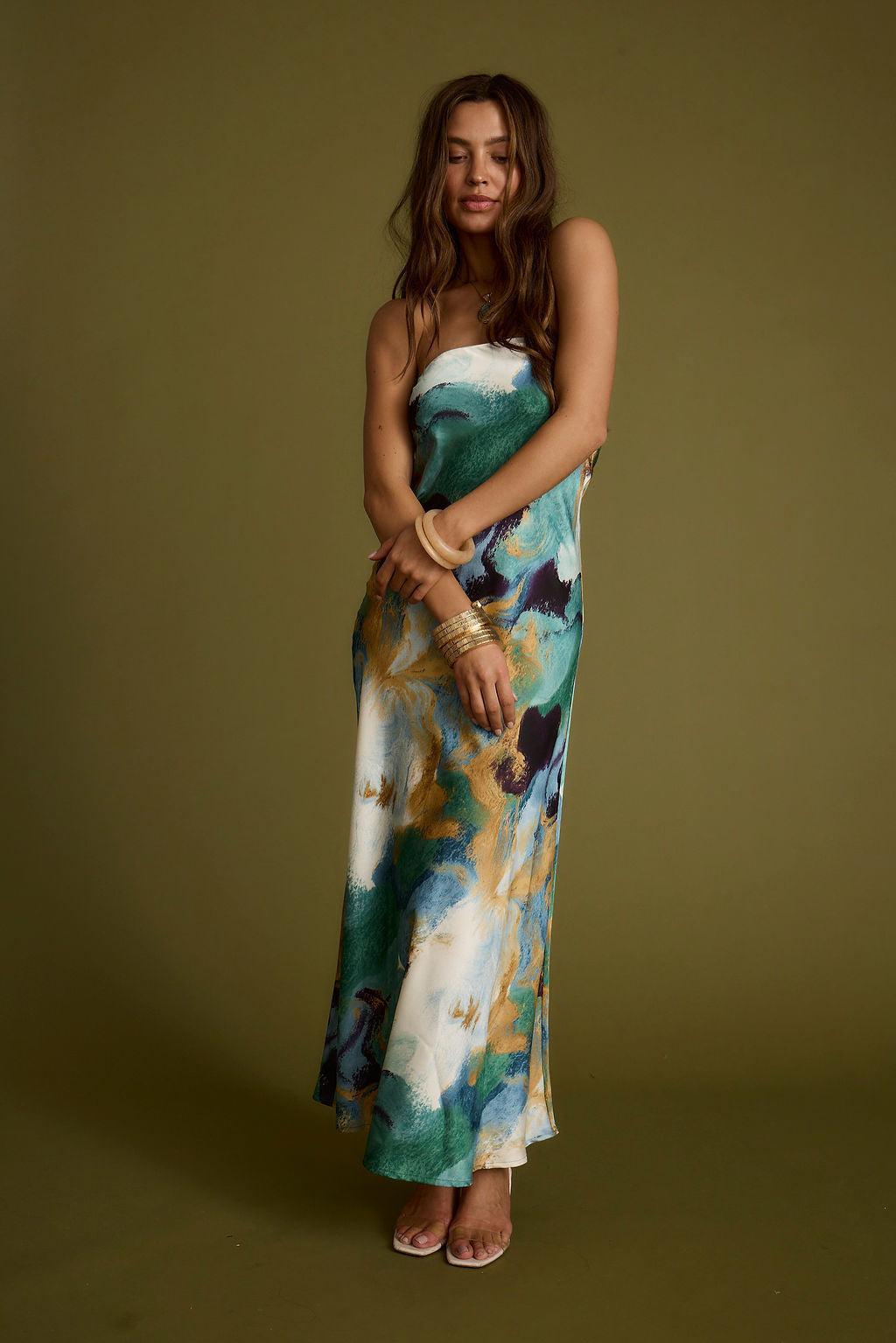 Natalia Blue and Gold Watercolor Strapless Maxi Dress Product Image