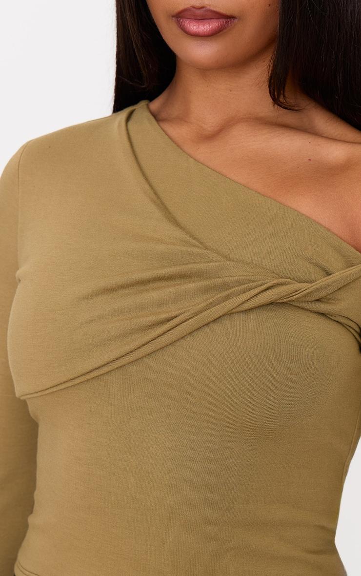 Olive Contour Jersey Asymmetric Twist Detail Long Sleeve Top Product Image