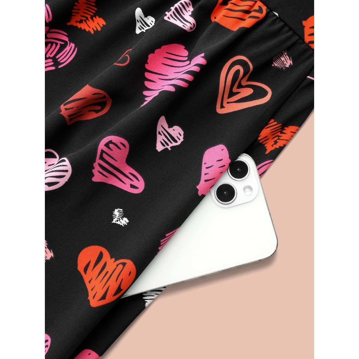Plus Size Heart Print Ruched Stretchy Waist Dress Black Women Elegant Gathered Heart neckline Short sleeve Curvy BloomChic 28/5X Product Image