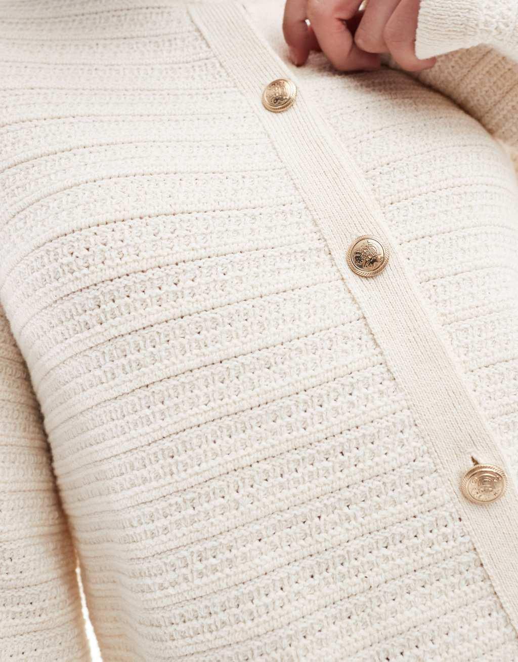 ASOS DESIGN knit crew neck cardigan in textured stitch with gold buttons in dream Product Image