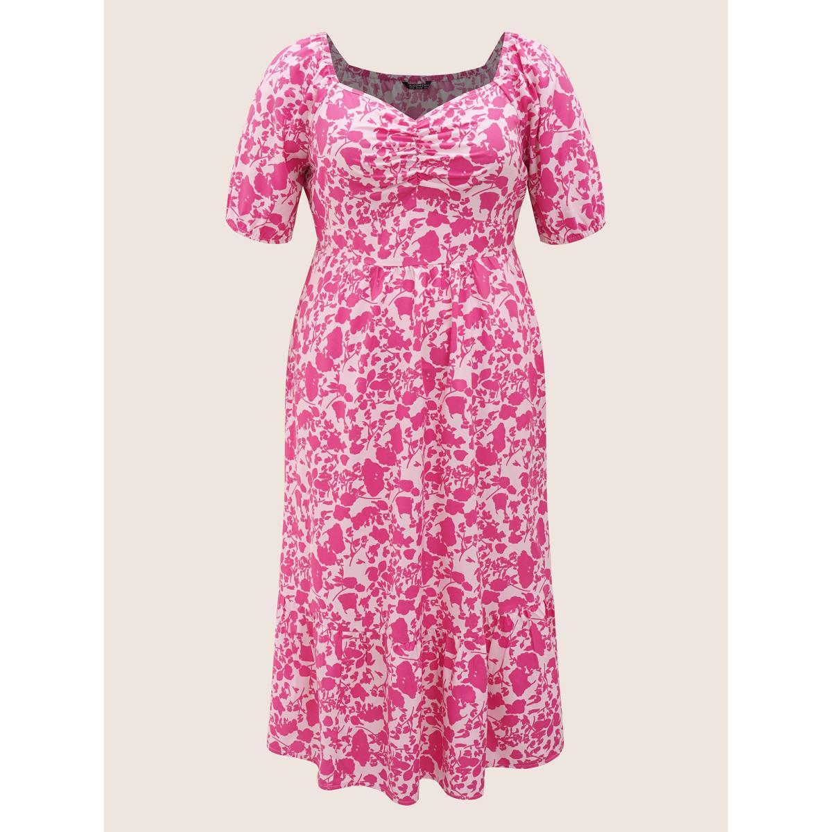 Plus Size Silhouette Floral Print Ruched Lantern Sleeve Dress Watermelon Women Elegant Gathered Square Neck Short sleeve Curvy Midi Dress BloomChic 18-20/2X Product Image