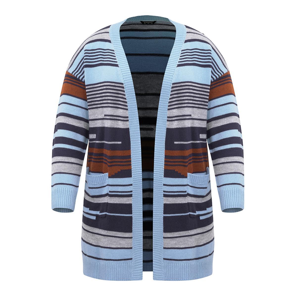 Plus Size Jacquard Asymmetrical Colorblock Contrast Cardigan Stone Women Casual Loose Long Sleeve Dailywear Cardigans BloomChic 26/4X Product Image