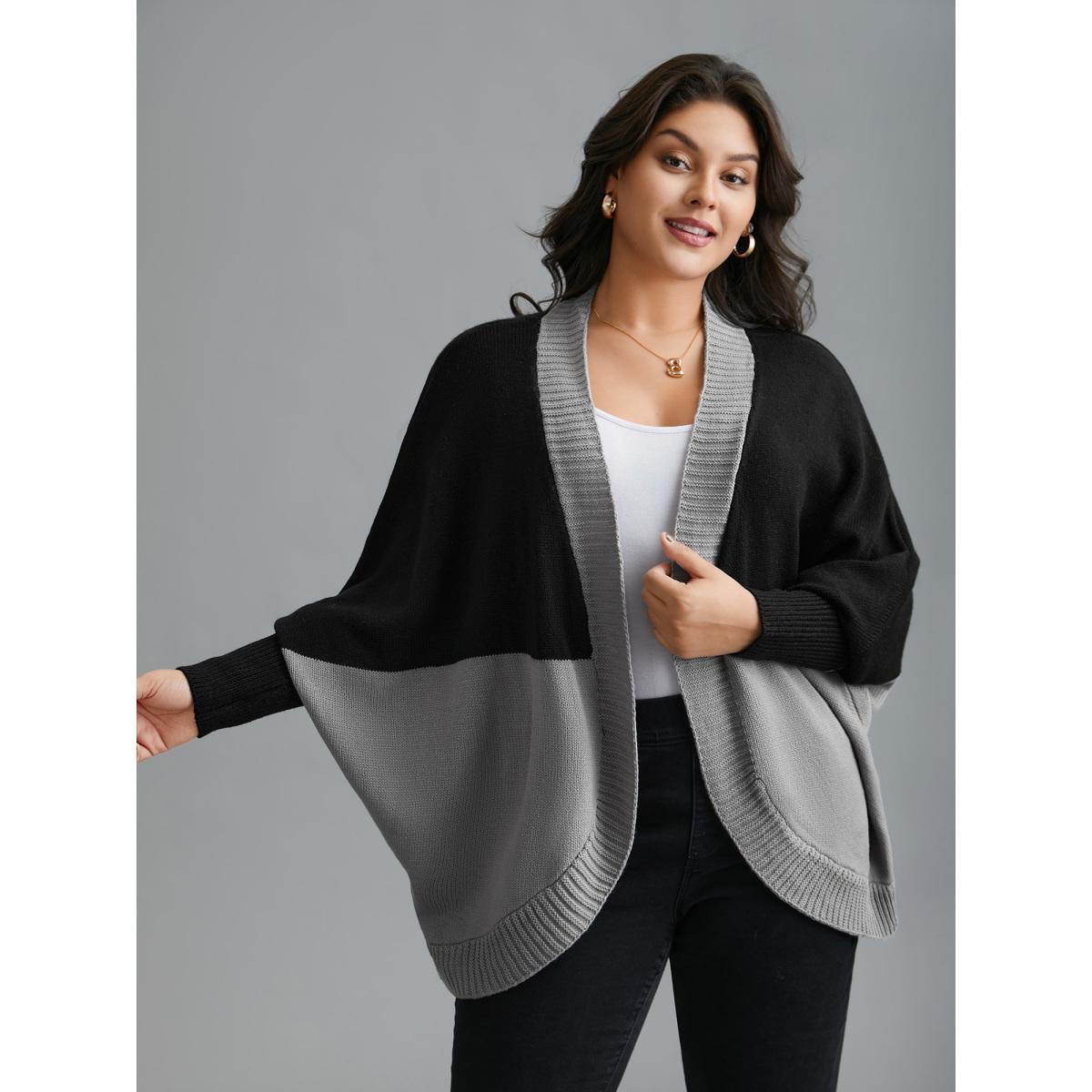 Plus Size Curvy Ribbed Hem Color Block Knit Cardigan Black Women Casual Loose Long Sleeve Everyday Cardigans BloomChic 26/4X Product Image