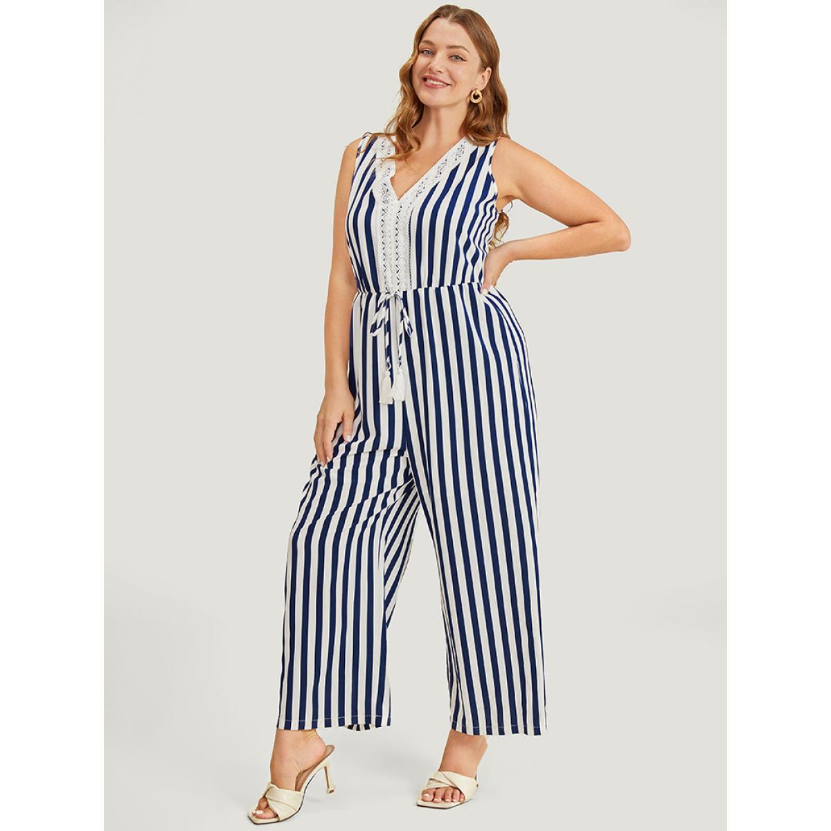 Plus Size DarkBlue Striped Print Contrast Lace Pocket Knot Tassels Tank Jumpsuit Women Office Sleeveless V-neck Work Loose Jumpsuits BloomChic 10/M Product Image