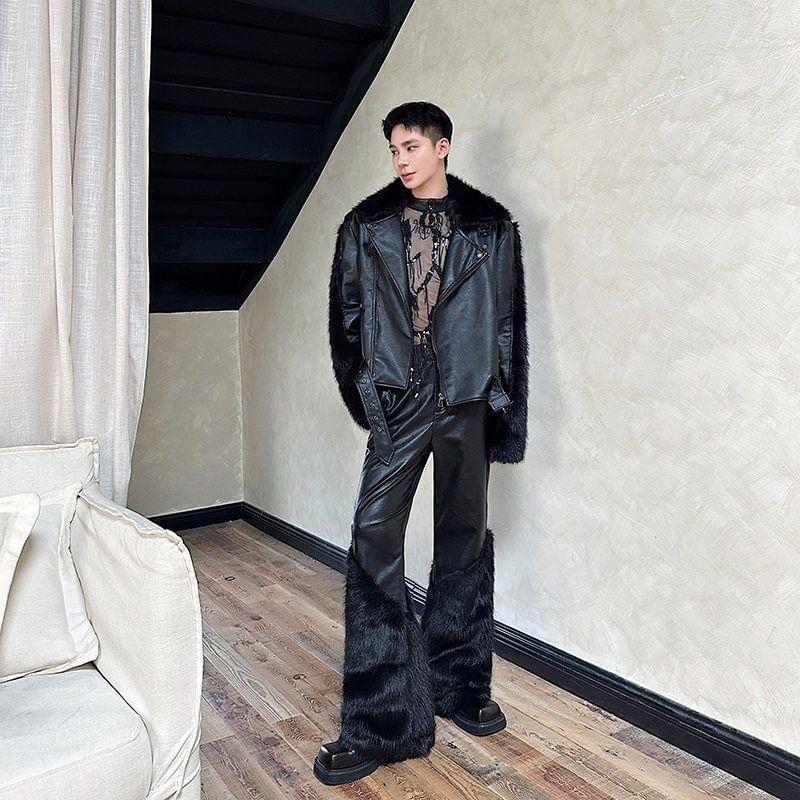 High Waists Plain Fluffy Panel Faux Leather Flared Pants Product Image