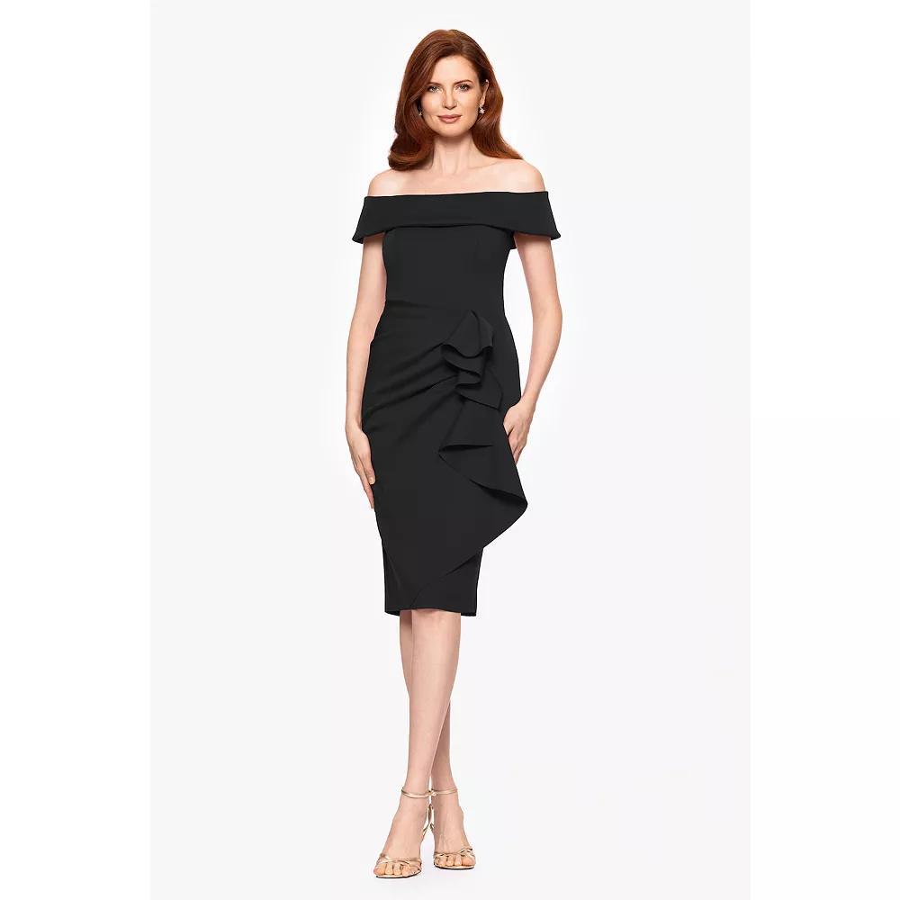 Women's X Evenings Techno Scuba Off The Shoulder Ruffle Midi Dress, Size: 16, Black Product Image