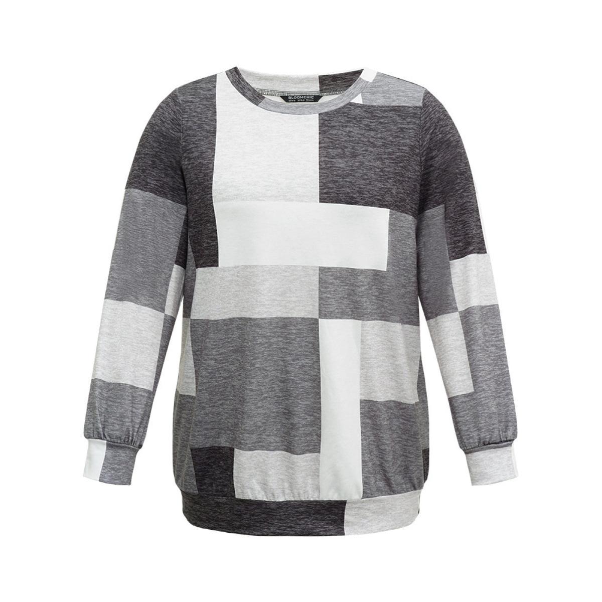 Plus Size Asymmetrical Colorblock Contrast Crew Neck Sweatshirt Women Black Casual Contrast Round Neck Dailywear Sweatshirts BloomChic 18-20/2X Product Image