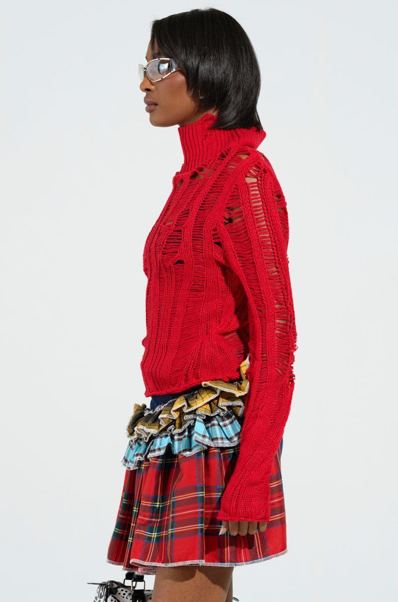 SEXY LOOSE WEAVE HIGH NECK SWEATER IN RED Product Image