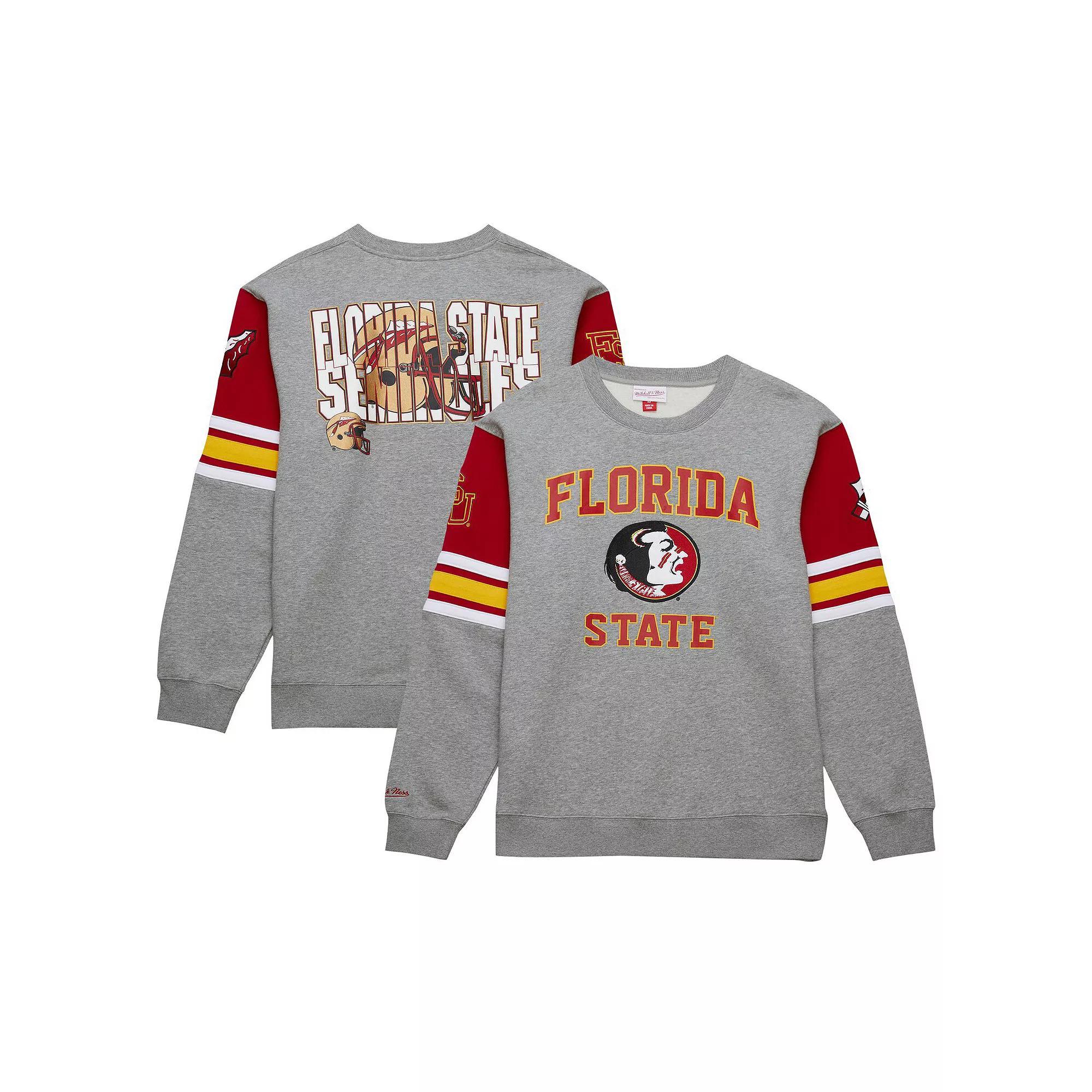 Men's Mitchell & Ness Heather Gray Florida State Seminoles Throwback Allover 4.0 Pullover Sweatshirt, Size: Medium, Grey Product Image