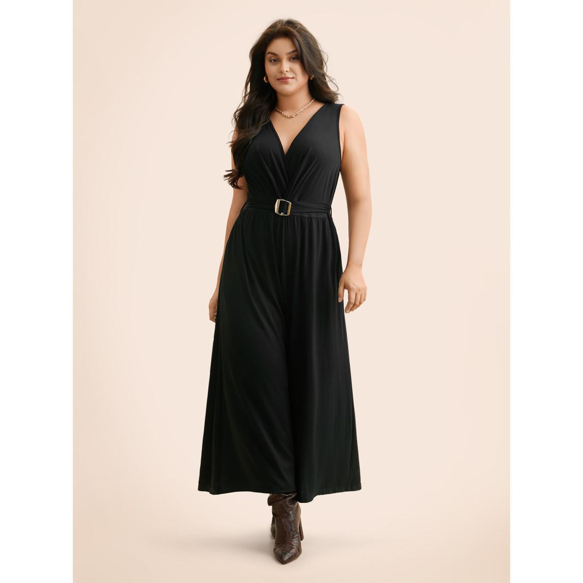 Plus Size Black Overlap Collar Metal Detail Belted Jumpsuit Women Elegant Sleeveless Overlap Collar Everyday Loose Jumpsuits BloomChic 28/5X Product Image