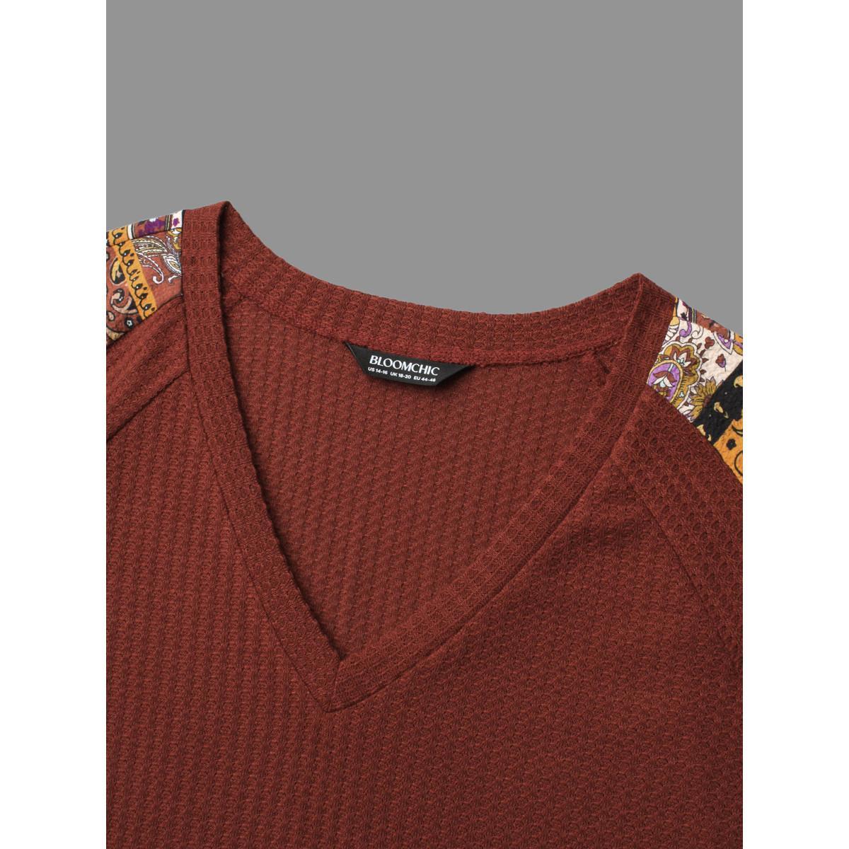 Plus Size Bandana Patchwork Waffle Knit T-shirt Maroon Women Casual Texture V-neck Loose Everyday T-shirts BloomChic 22-24/3X Product Image