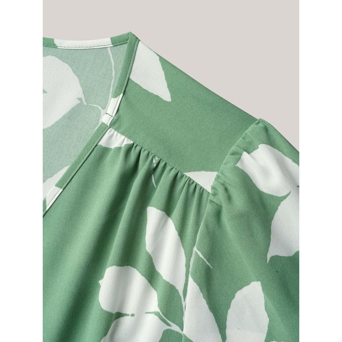 Plus Size Leaf Print Waist-Cinched Flared Maxi Dress Sage Women Elegant Gathered V-neck Half Sleeve Curvy BloomChic 30/6X Product Image