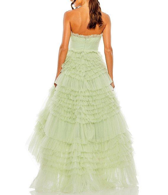 Mac Duggal Strapless Tiered Ruffle Tulle Hi Lo A-Line Gown Product Image