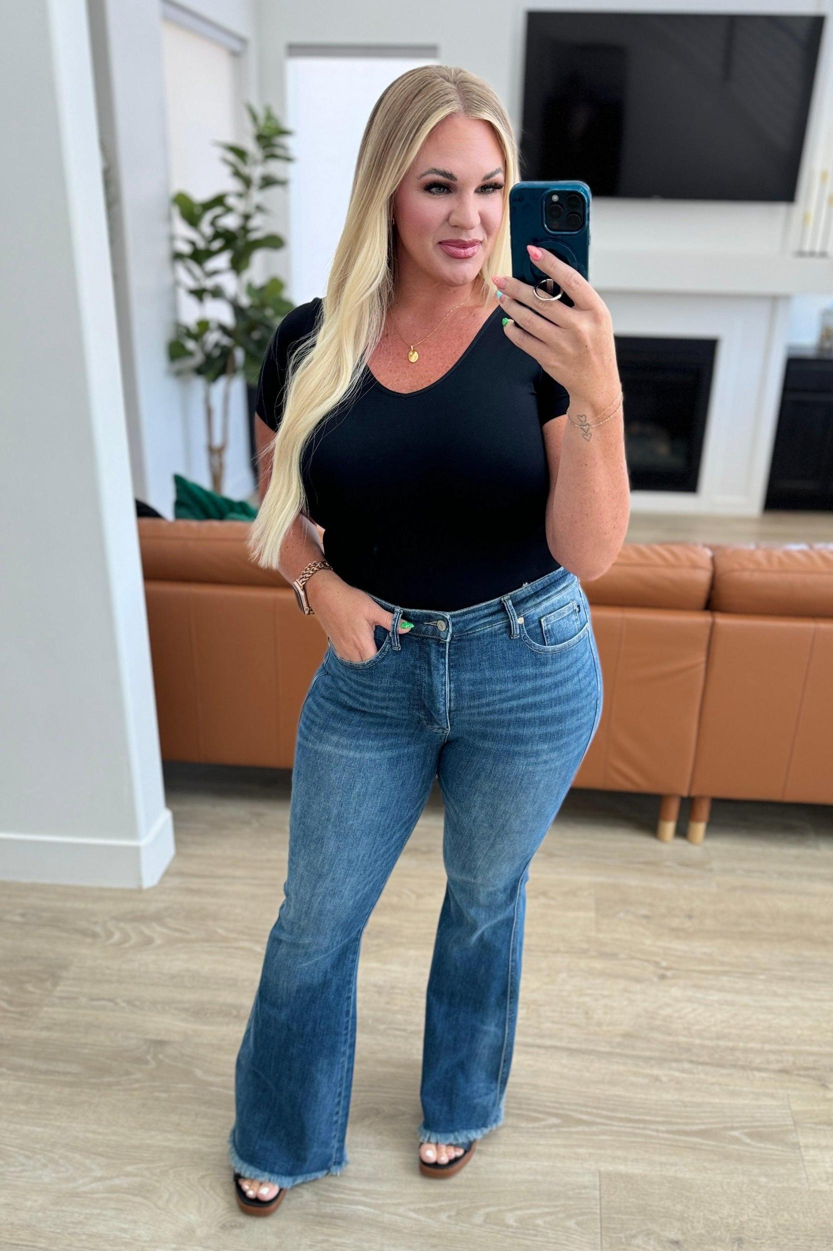 Judy Blue Tummy Control Frayed Hem Flare Jeans Female Product Image