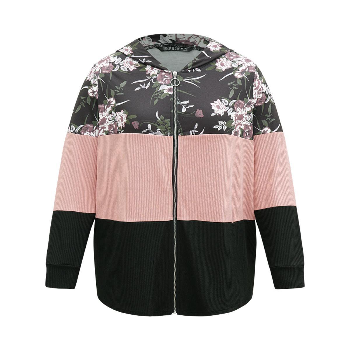Plus Size Floral Colorblock Contrast O Ring Zipper Hooded Sweatshirt Women Black Casual Texture Hooded Dailywear Sweatshirts BloomChic 10/M Product Image