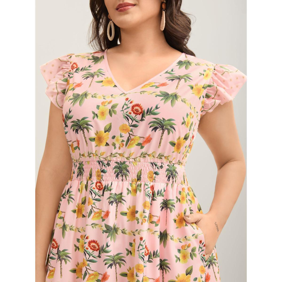 Plus Size Tropical Print Shirred Waist Flutter Maxi Dress Crepe Women V-neck Short sleeve Curvy BloomChic 12/L Product Image