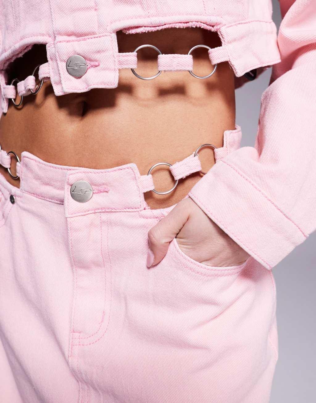 Liquor N Poker denim mini skirt with metal detail waistband in pink acid wash Product Image