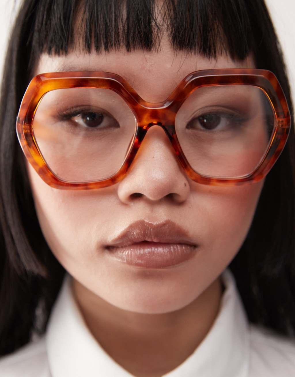Reclaimed Vintage oversized 70s hexagon blue light glasses in tortoiseshell Product Image