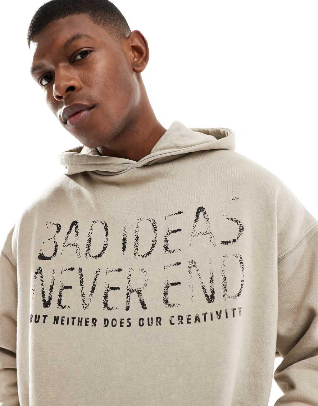 Pull&Bear bad ideas printed hoodie in beige  Product Image