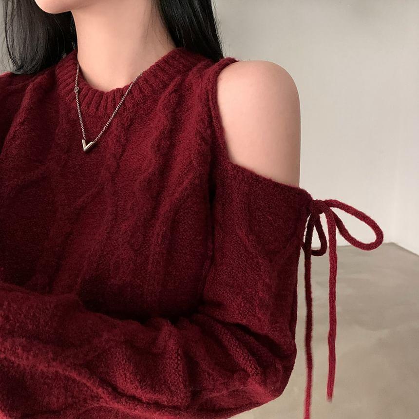 Cold-Shoulder Long-Sleeve Plain Bow Sweater Product Image