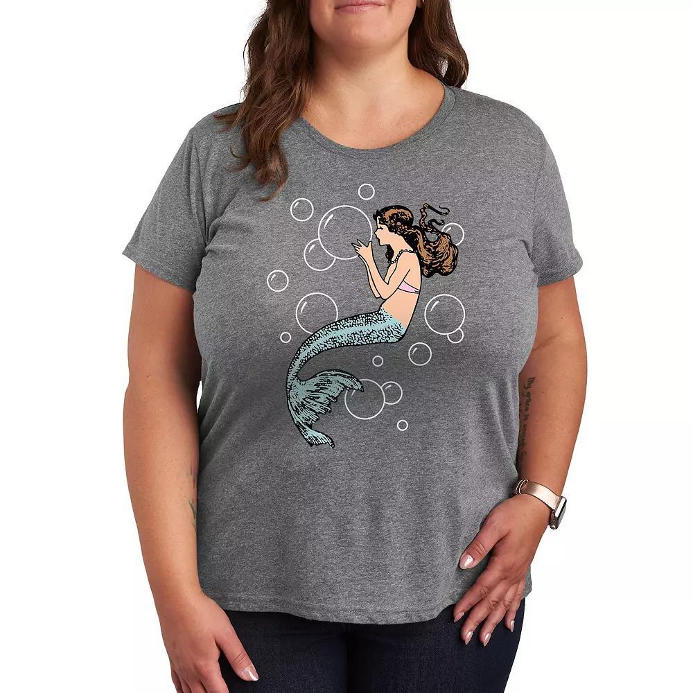 Plus Mermaid Holding Bubbles Graphic Tee, Womens Grey Gray Product Image