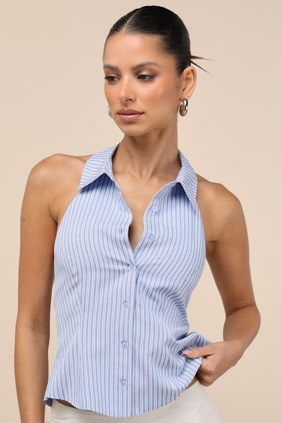 Giosetta Blue Pinstriped Button-Front Halter Top Product Image