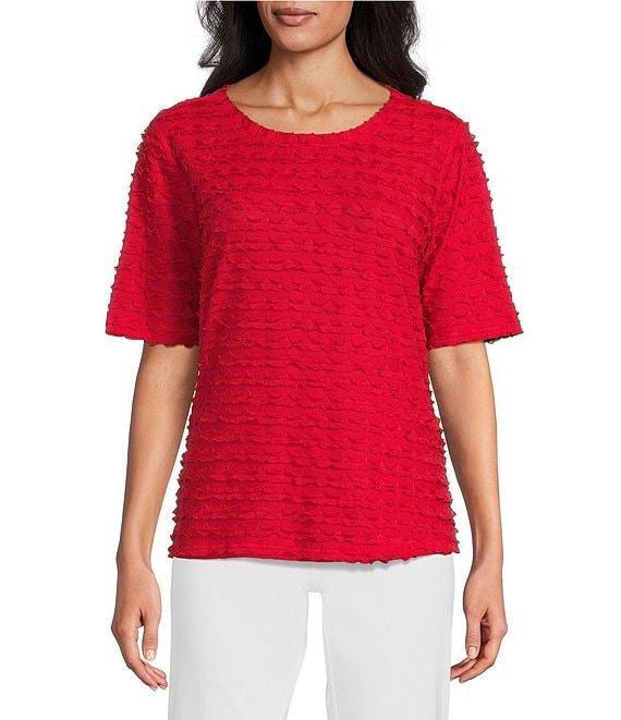 Multiples Petite Size Scoop Neck Elbow Sleeve Wave Knit Fitted Top Product Image