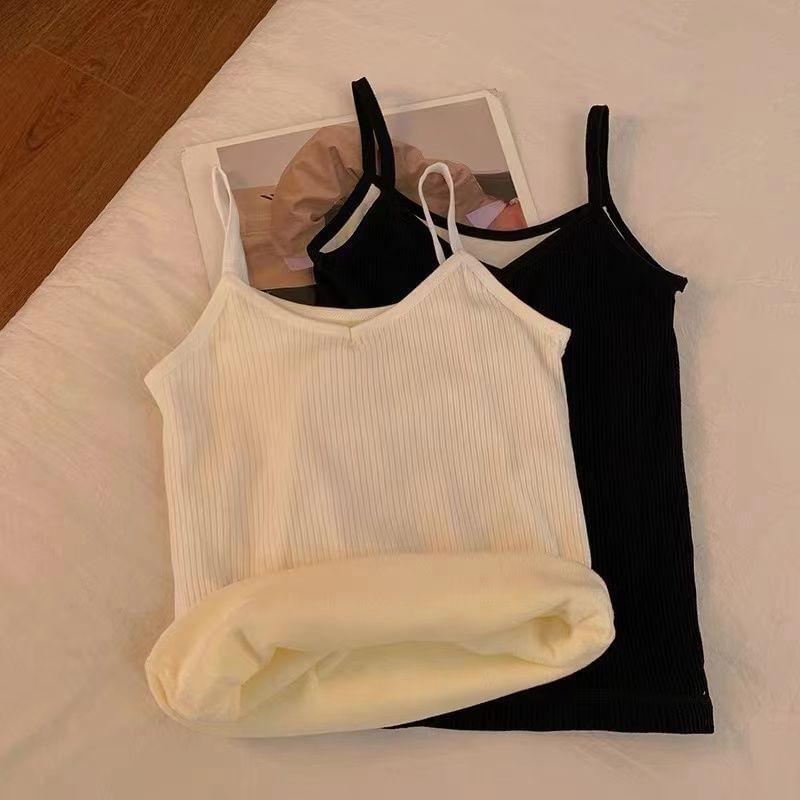 V-Neck Plain Fleece-Lined Ribbed Cami Top Product Image