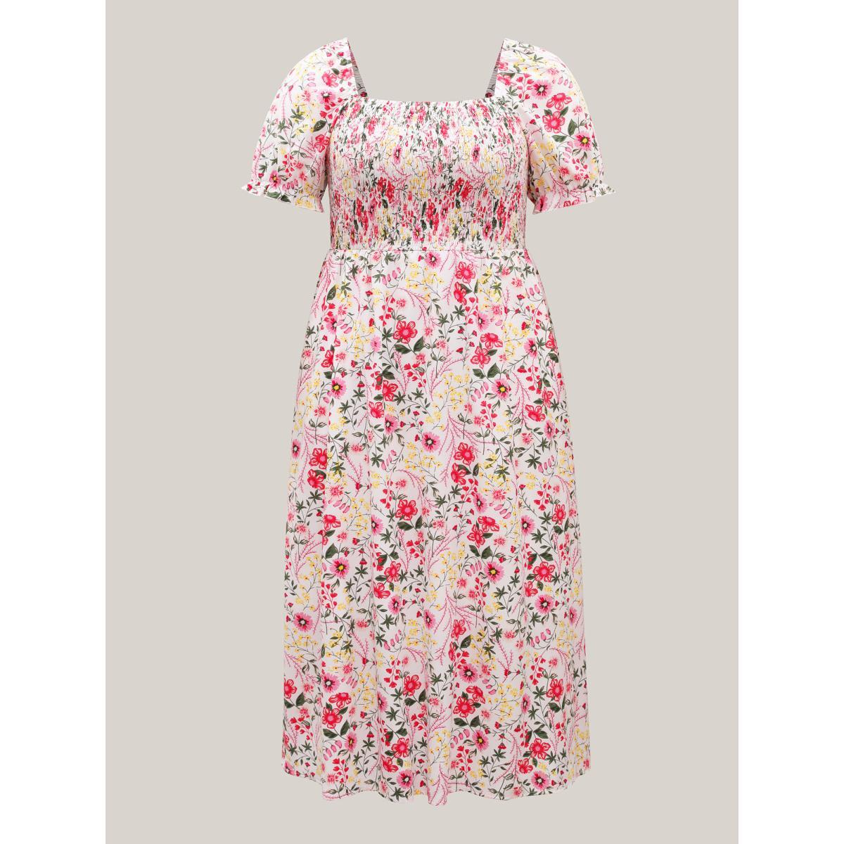 Plus Size Shirred Floral Print Pockets Maxi Dress WhiteSmoke Women Square Neck Short sleeve Curvy BloomChic 12/L Product Image