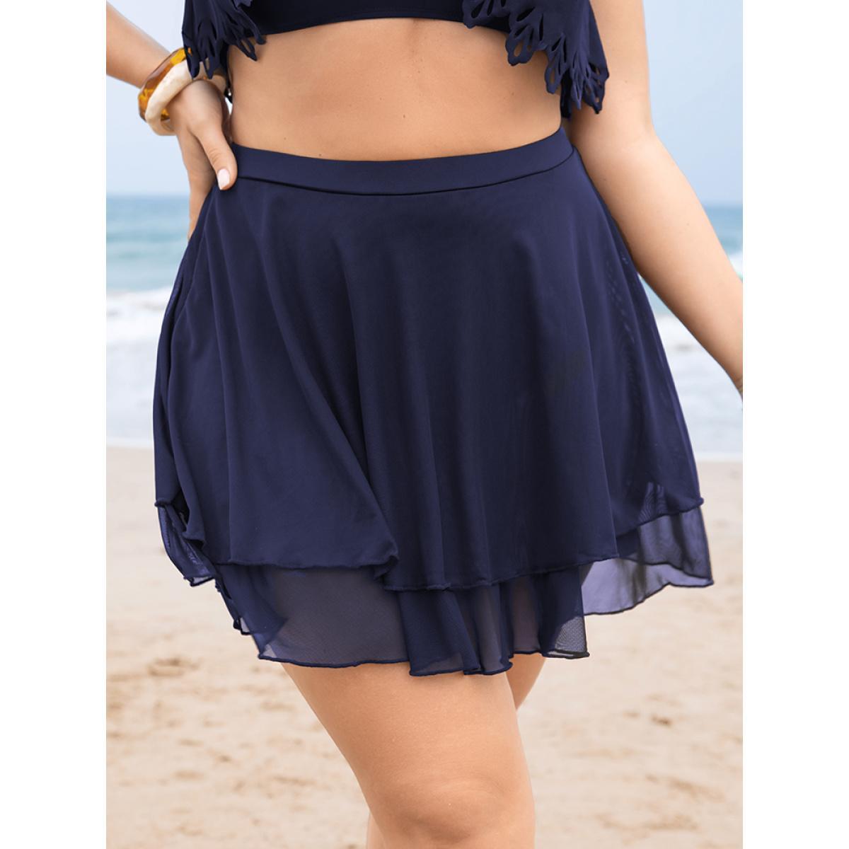 Plus Size Plain Mesh Ruffle Tiered Swim Skirt Women's Swimwear Indigo Vacation A-line High stretch Bodycon High Rise Curve Swim Bottoms BloomChic 28/5X Product Image