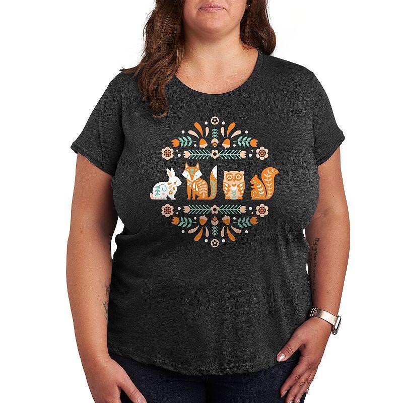 Plus Scandinavian Woodland Creatures Graphic Tee, Womens Grey Blue Product Image