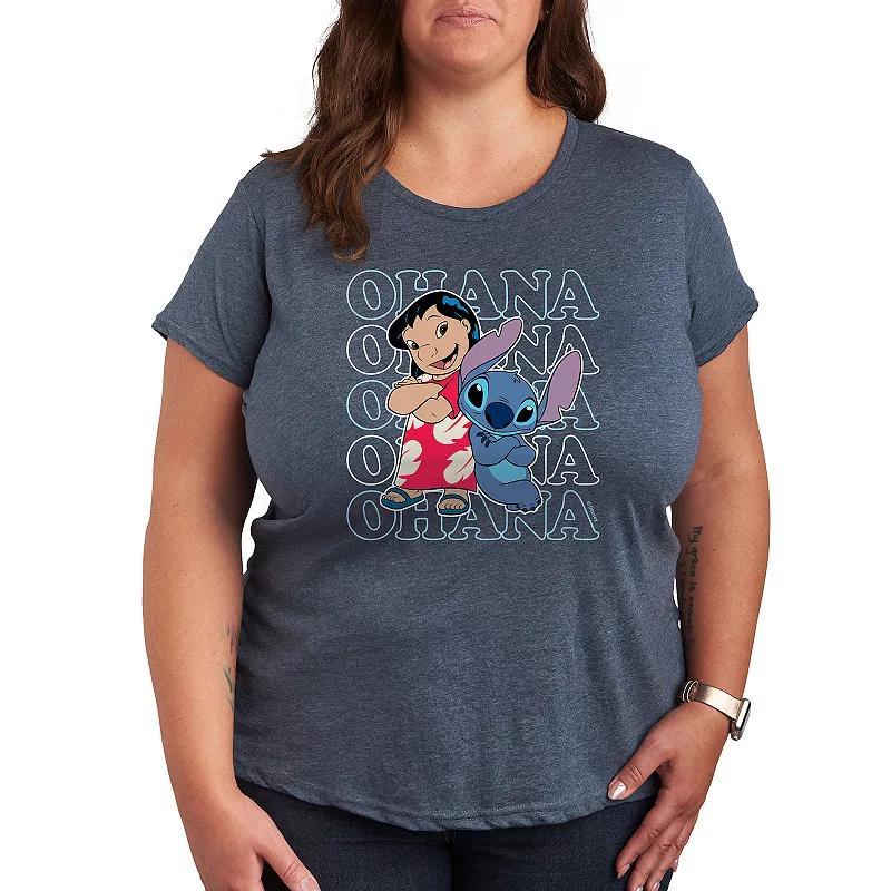 Disneys Lilo & Stitch Plus Ohana Repeated Graphic Tee, Womens Grey Blue Product Image