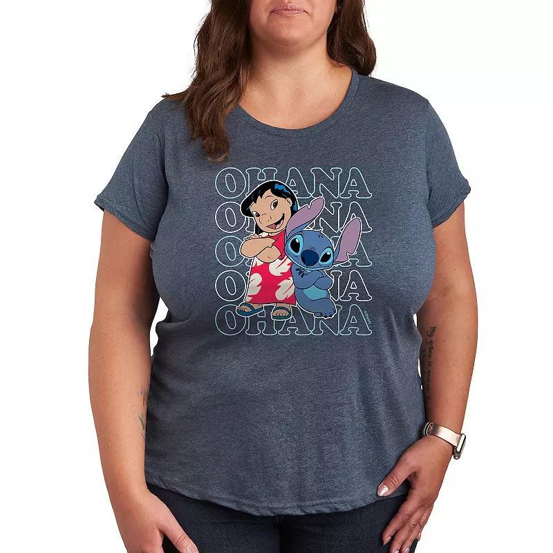 Disneys Lilo & Stitch Plus Ohana Repeated Graphic Tee, Womens Grey Blue Product Image
