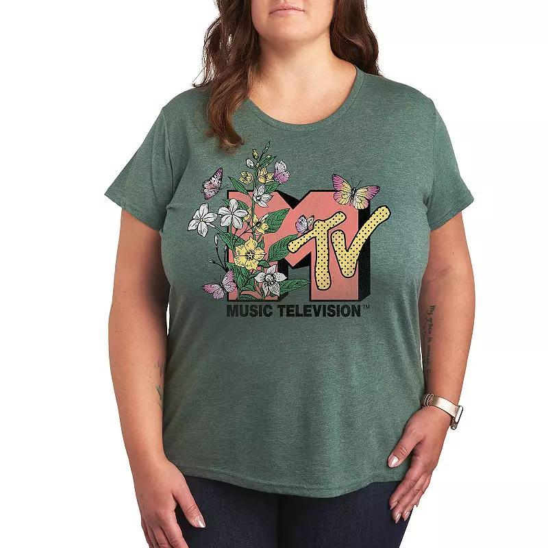 Plus MTV Botanical Art Graphic Tee, Womens Grey Gray Product Image