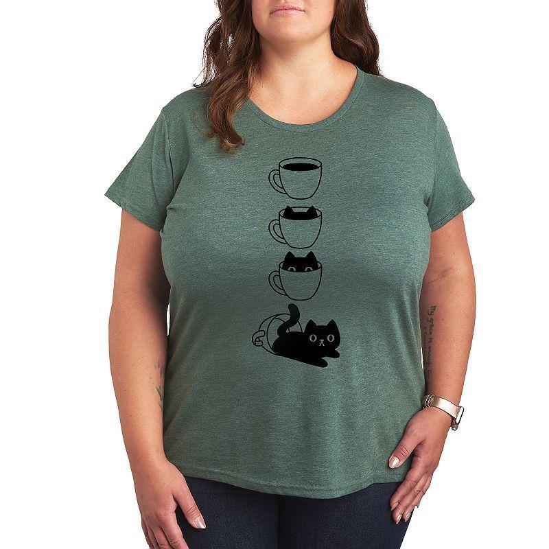Plus Cat Coffee Cup Graphic Tee, Womens Grey Green Product Image