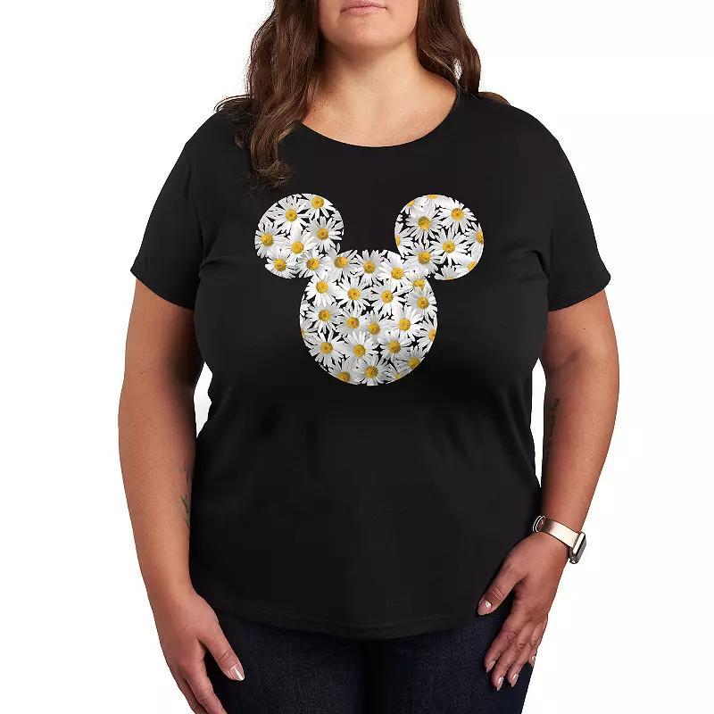 Disneys Mickey Mouse Plus Daisies Graphic Tee, Womens Grey Green Product Image