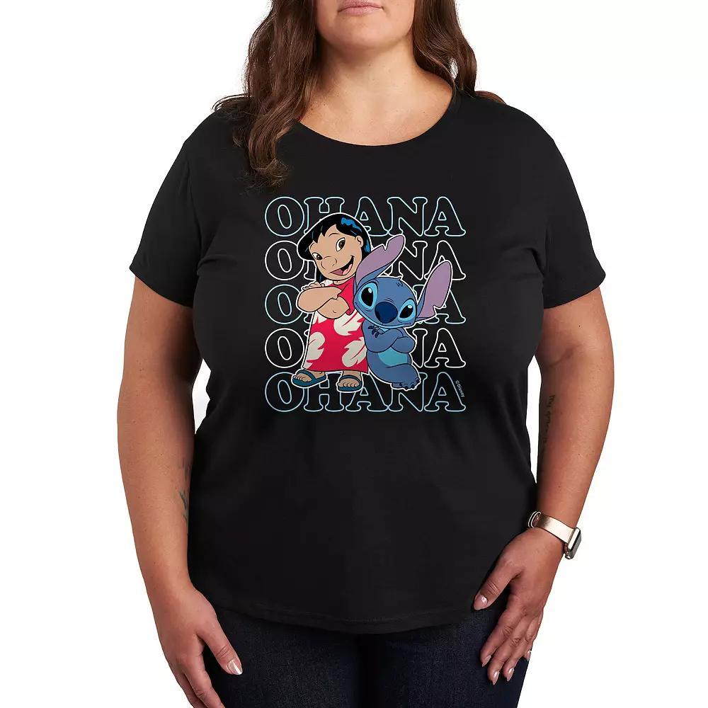Disneys Lilo & Stitch Plus Ohana Repeated Graphic Tee, Womens Grey Blue Product Image