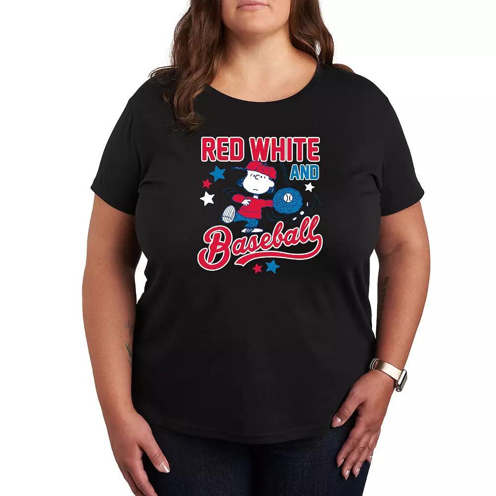Plus Peanuts Red White Baseball Lucy Graphic Tee, Womens Grey Gray Product Image