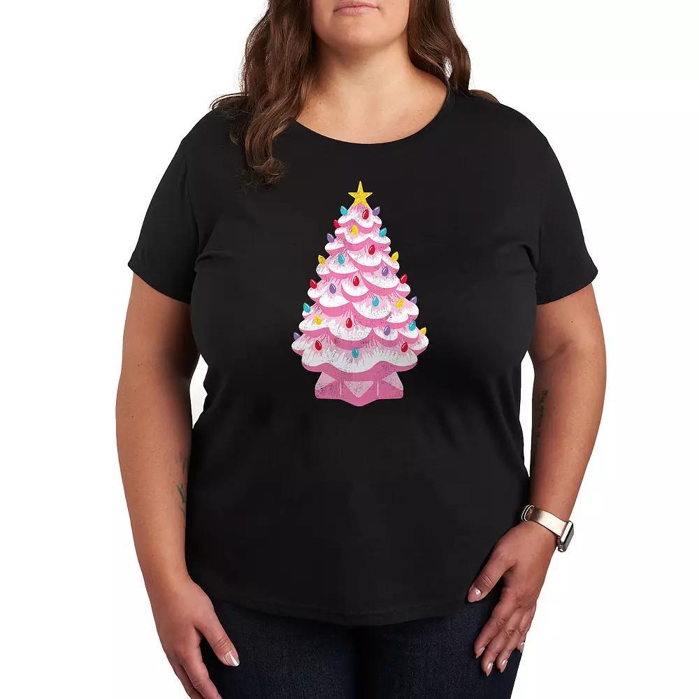 Plus Retro Pink Christmas Tree Graphic Tee, Women's, Size: 3XL, Black Product Image