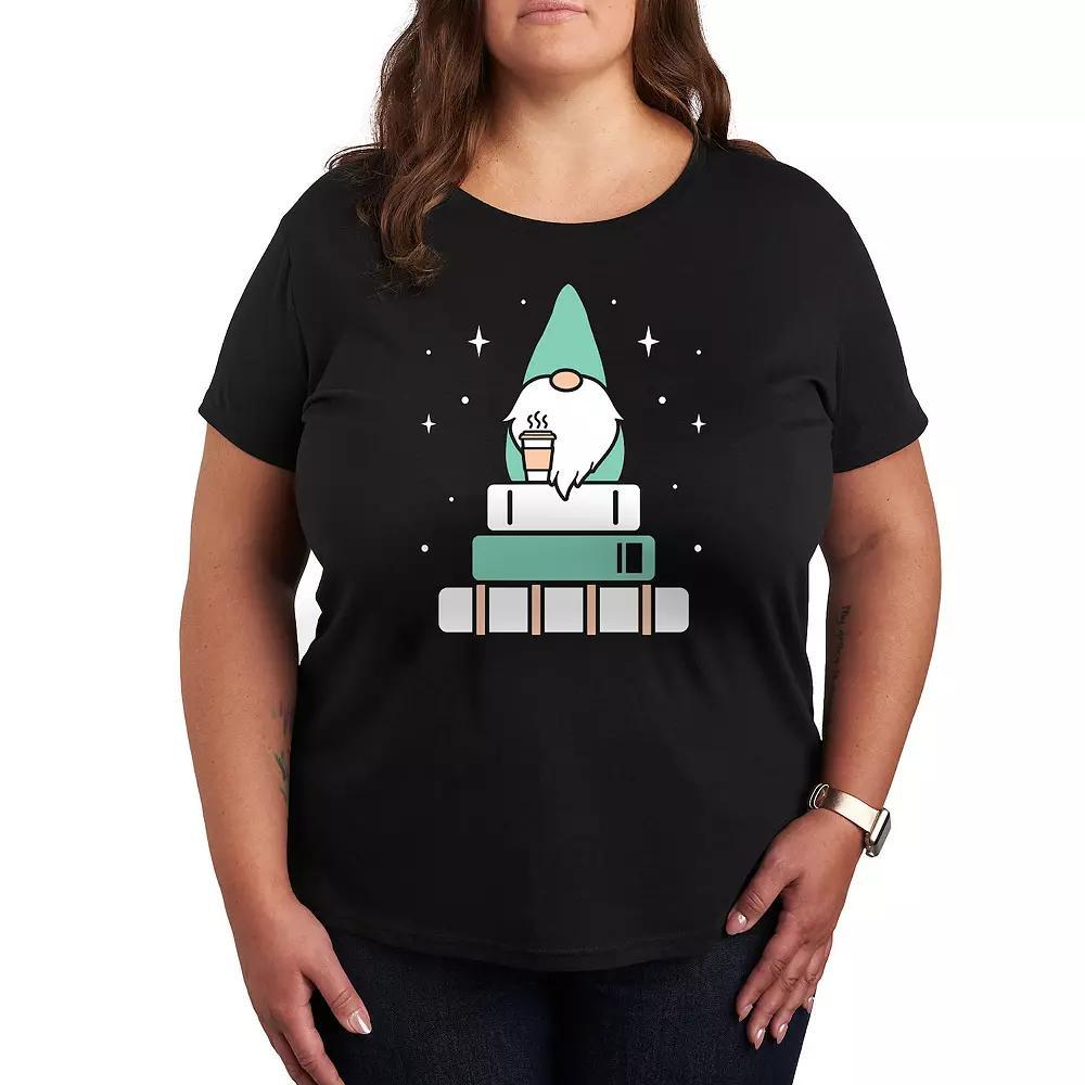 Plus Gnome with Coffee and Books Graphic Tee, Womens Heather Grey Product Image