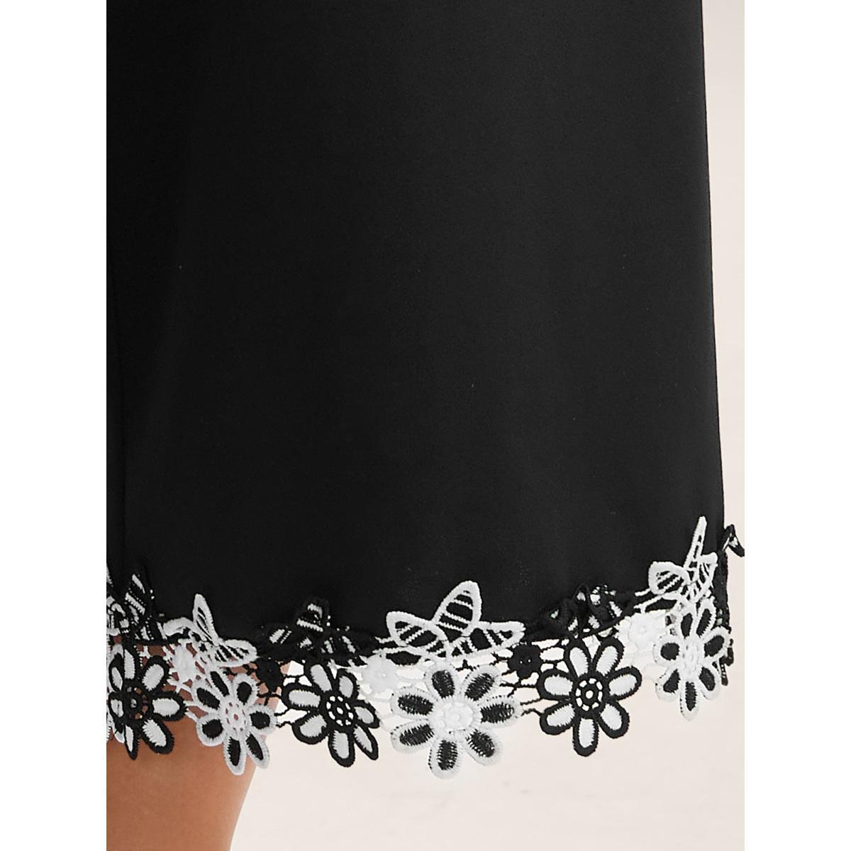 Plus Size Floral Lace Hem Wide-Leg Pants Women Black Elegant Wide Leg Mid Rise Everyday-Elegant Pants BloomChic 14-16/1X Product Image