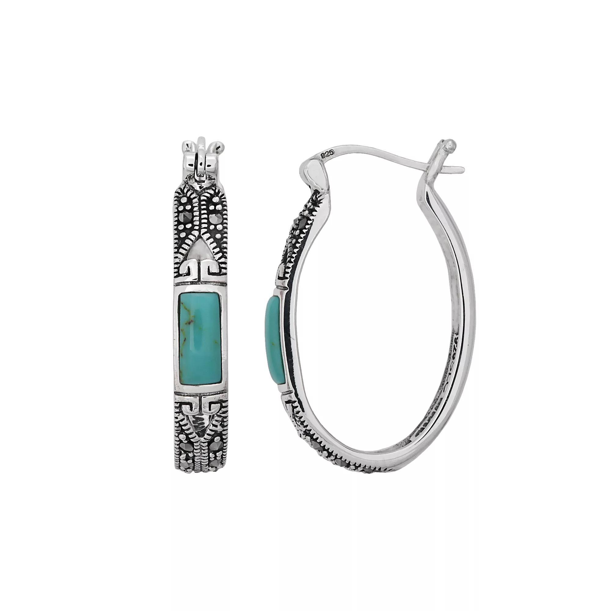Tori Hill Sterling Silver Marcasite & Synthetic Turquoise Oval Hoop Earrings, Women's, White Product Image