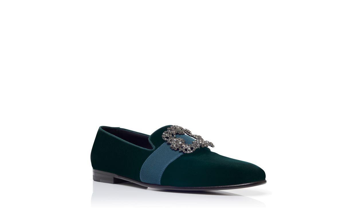 CARLTON Green Velvet Jewel Buckle Loafers Product Image