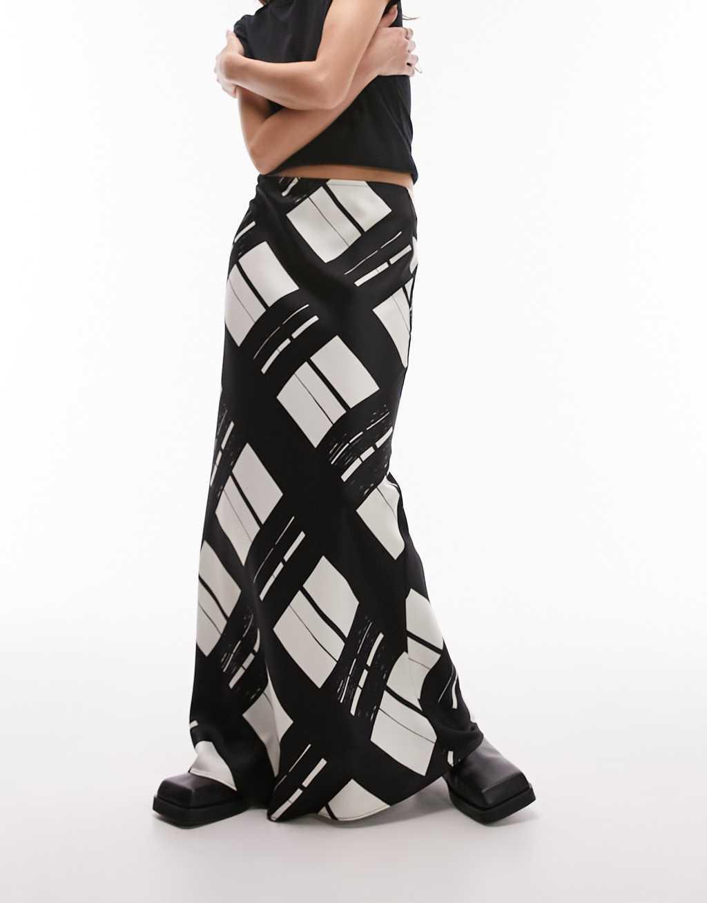Topshop satin bias skirt with printed check Product Image
