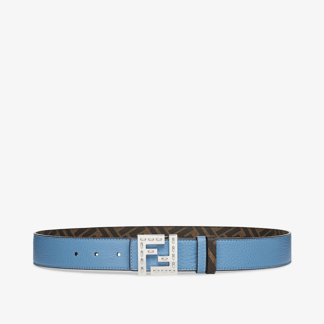 FF Squared BeltLight blue Cuoio Romano leather and black FF canvas reversible belt Product Image