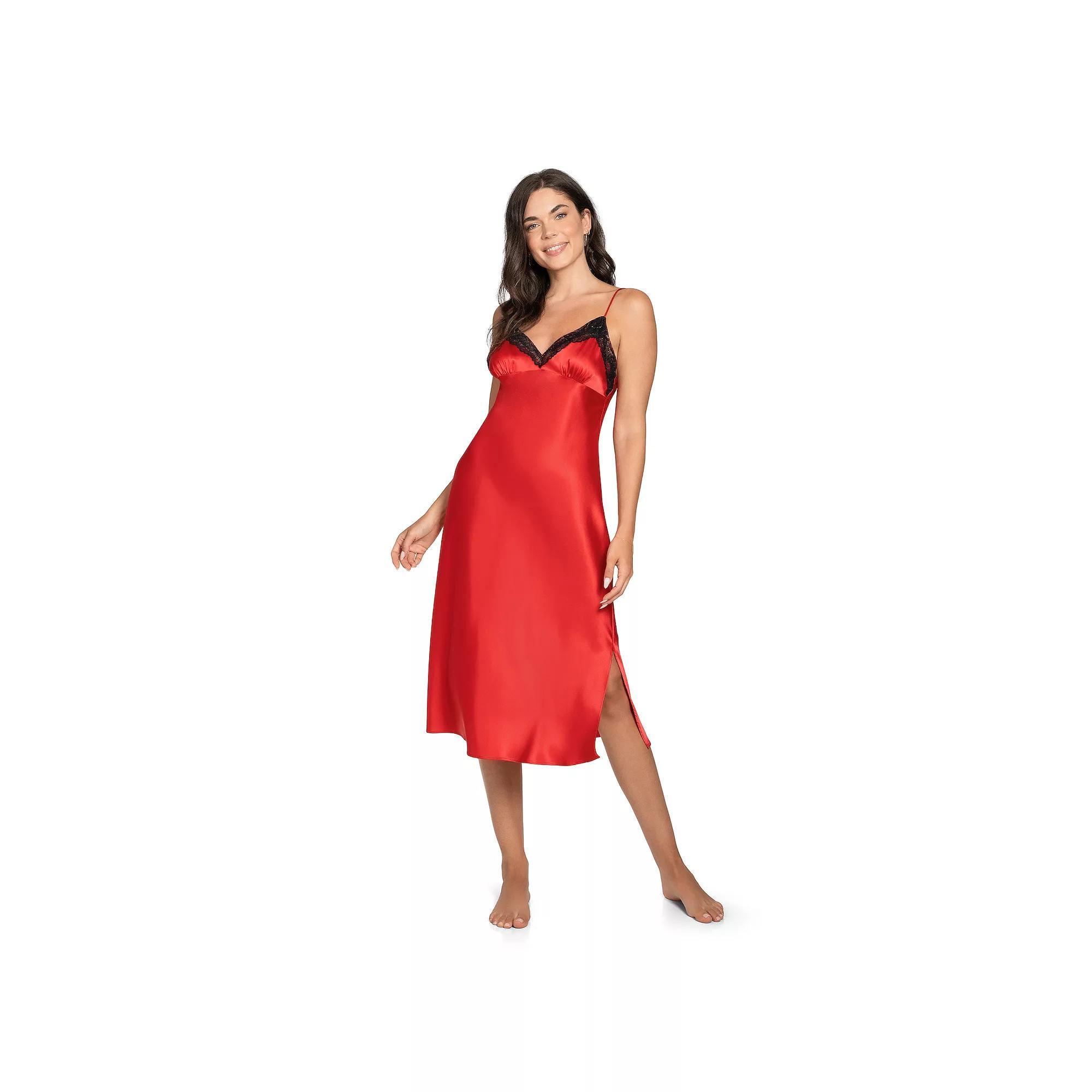 Women's Lilac+London Satin Solid Embellished Pajama Midi Gown, Size: XS, Red Product Image
